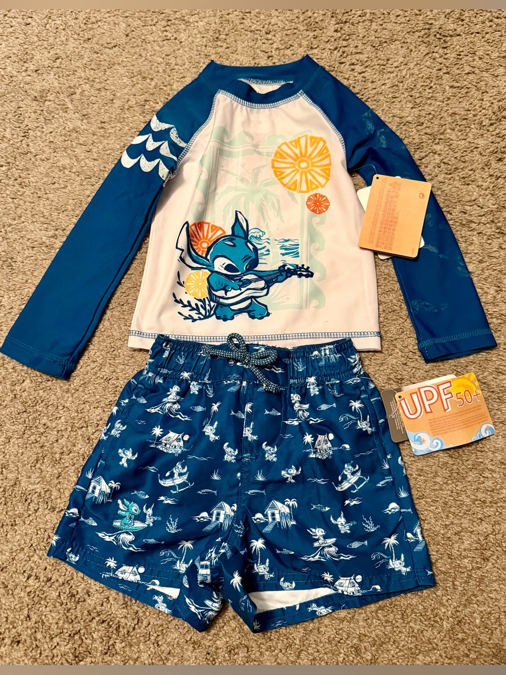 Disney Boy’s Stitch Rash Guard and Swim Trunks